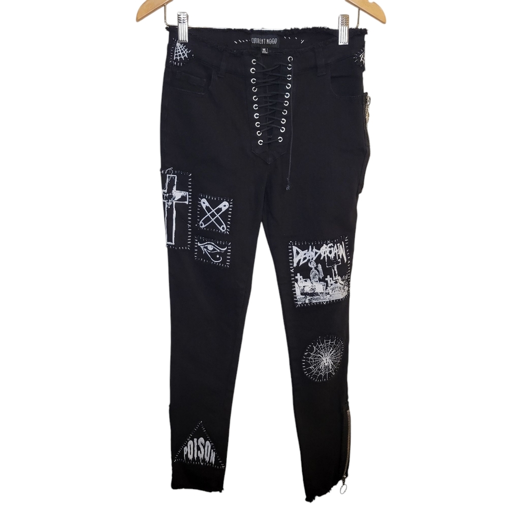 Dolls Kill Current Mood Black Patchwork Skinny Jeans With Lace Up Front,